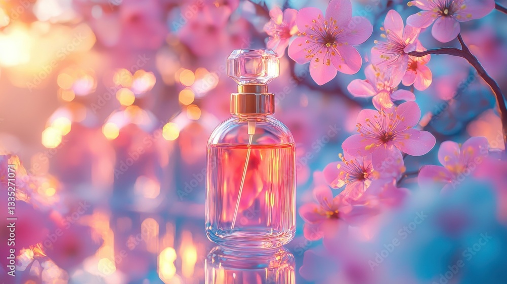Pink floral perfume bottle amidst blossoming branches at sunset Pink floral perfume bottle amidst blossoming branches at sunset