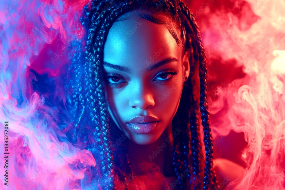 Fototapeta premium Commercial commercial concept art. Long hairdo - braids hair. Lovely calm mixed-race girl - for ads, ad page and social platforms use. Colored hair artistry. Vibrant hair portrait styles.