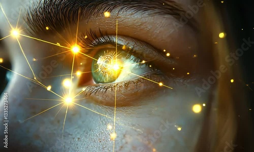 Woman eye reflecting futuristic glowing light particles and clock mechanism