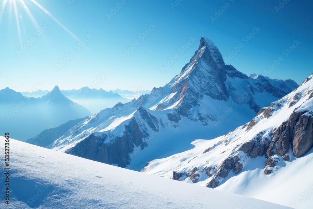 Obraz premium Sunlit snow blankets towering mountain range against azure sky , peaks, altitude, elevation