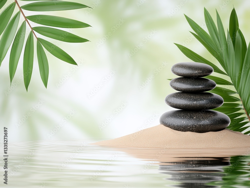 Naklejka premium Tranquil Zen Garden with Stacked Stones and Lush Greenery Reflection