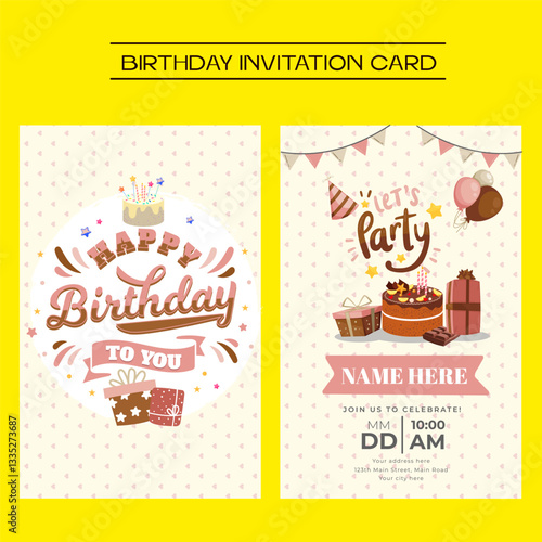 A stylish birthday party invitation card vector design with vibrant colors and creative elements. Perfect for digital invites, greeting cards, celebrations, party flyers, and festive decorations.