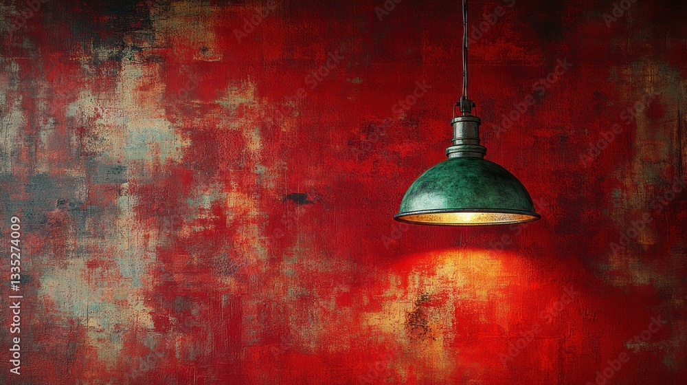 Obraz premium Vintage green pendant light against a textured red wall
