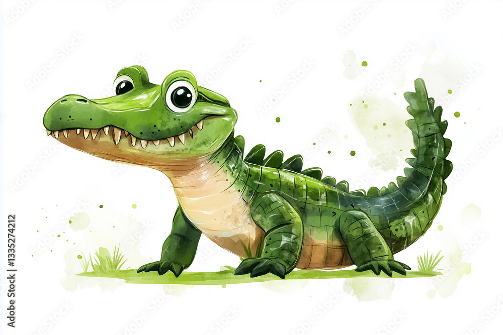Fototapeta premium Cute Alligator Illustration, Friendly Cartoon Crocodile for Kids, Isolated on White