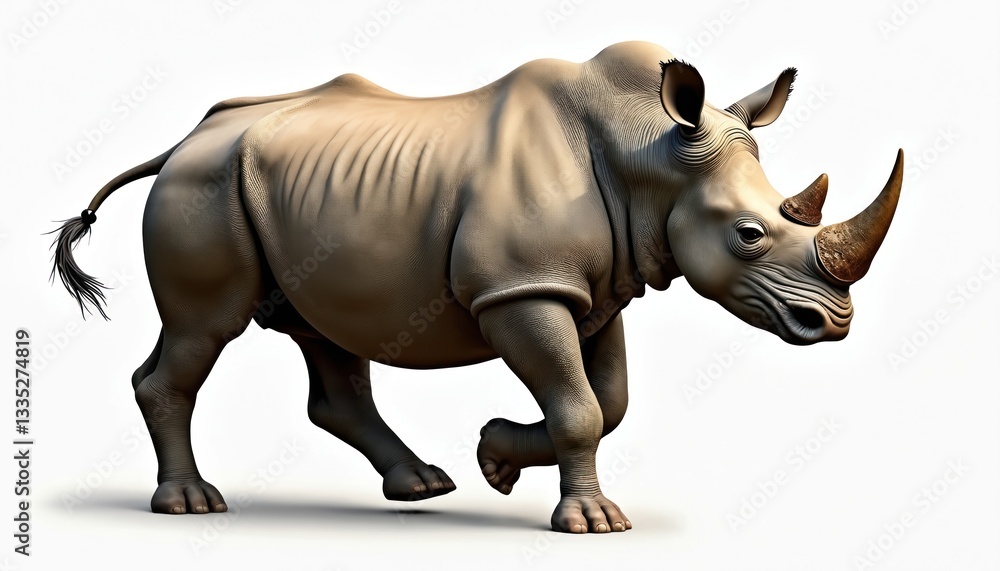 Obraz premium Illustration of rhino running. Wildlife mammal isolated on transparent background. Powerful majestic wild animal in motion. African beast. Herbivore. Endangered species. Savanna nature ecology