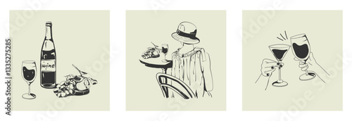 La Dolce Vita. A woman in a hat at a table with wine and fruit, a bottle of wine, glasses, hands with cocktails. Hand drawn ink vector illustration for menu, background, restaurant, branding, print.