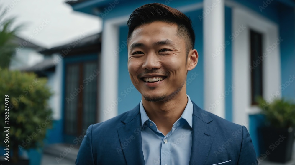 Good-looking asian guy front of blue themed elegant house on a business attire smiling Good-looking asian guy front of blue themed elegant house on a business attire smiling