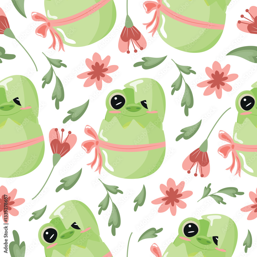 Obraz premium seamless pattern with icon of green frog sitting in green egg with bow and pink flowers, design for Easter decorations