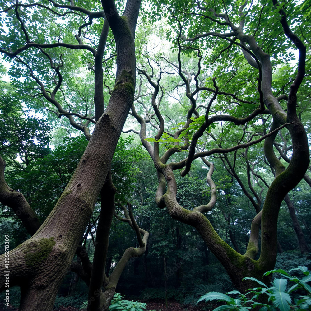 Mysterious Enchantment in the Ancient, Curved Tree Forest of Old Mysterious Enchantment in the Ancient, Curved Tree Forest of Old