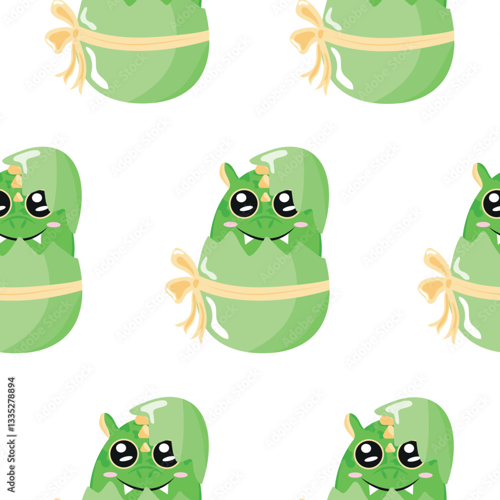 Obraz premium seamless pattern with icon of green dragon sitting in green egg with bow, design for Easter decorations