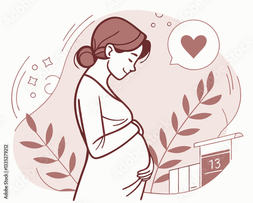 Pregnant Woman Holding Her Belly. Vector illustration of a pregnant woman gently holding her belly with a calendar and heart icon. Monochrome line art style. Concept of maternity, expecting baby.
