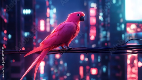 Cyberpunk Parrot: A Vibrant Bird Perched in a Futuristic Neon Cityscape Setting