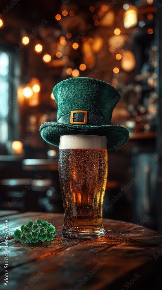 A Toast to Tradition: A full pint of rich, golden beer is crowned with a festive green leprechaun hat, a four-leaf clover, setting the scene for an unforgettable Irish celebration. A Toast to Tradition: A full pint of rich, golden beer is crowned with a festive green leprechaun hat, a four-leaf clover, setting the scene for an unforgettable Irish celebration.