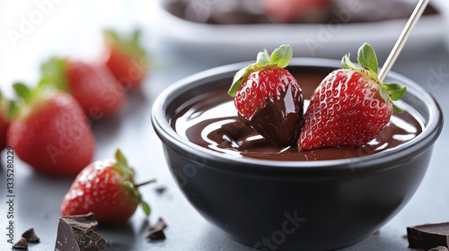 A tempting close-up shot of a fresh, ripe strawberry being dipped into a fondue pot filled with smooth, melted chocolate.