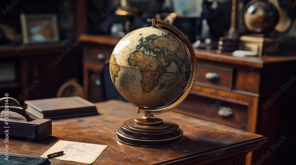 An image created on a computer showing an antique world globe on a desk. The map on the globe is made up and not real. An image created on a computer showing an antique world globe on a desk. The map on the globe is made up and not real.