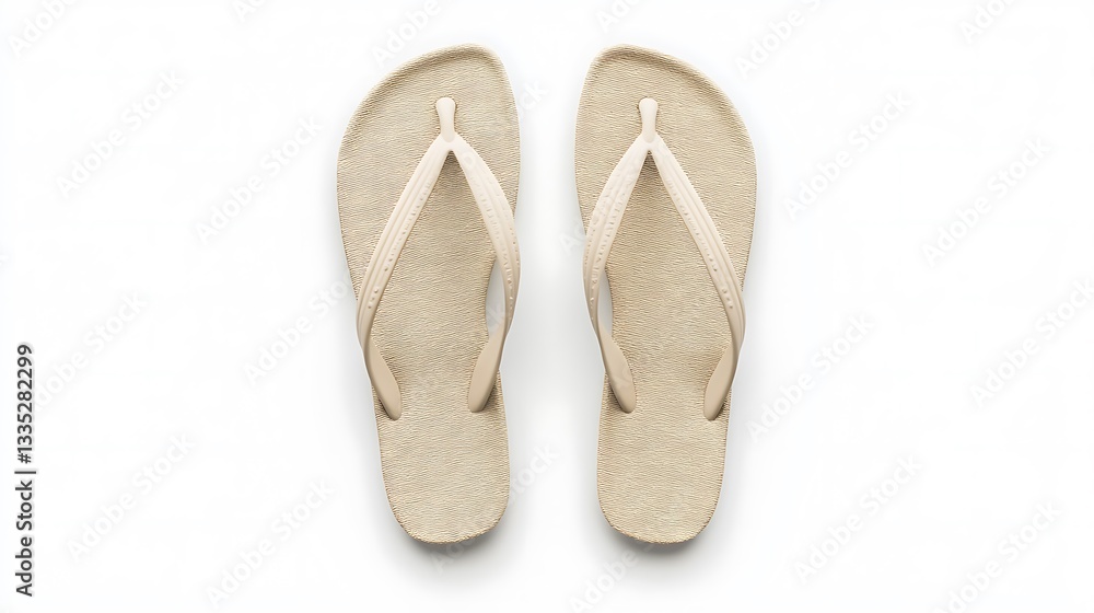 A pair of beige flip-flops displayed from a top-down view. A pair of beige flip-flops displayed from a top-down view.
