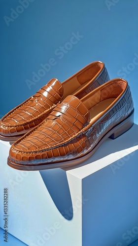 Stylish Brown Loafers Showcased Against a Modern Blue Backdrop