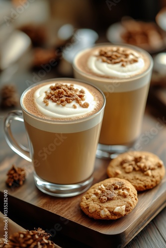 Cozy Coffee Cups With Latte Art and Cookies on a Wooden Table in a Tranquil S...