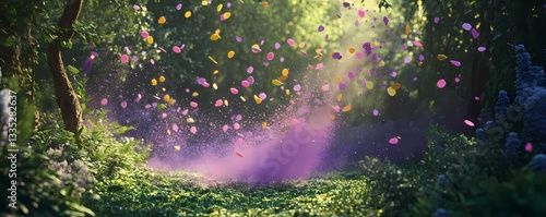 Soft pastel-colored Holi powders in lavender pink and yellow falling gently over a lush green forest
