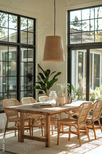 Modern Dining Room With Natural Light and Stylish Furniture Near Snowy Landscape