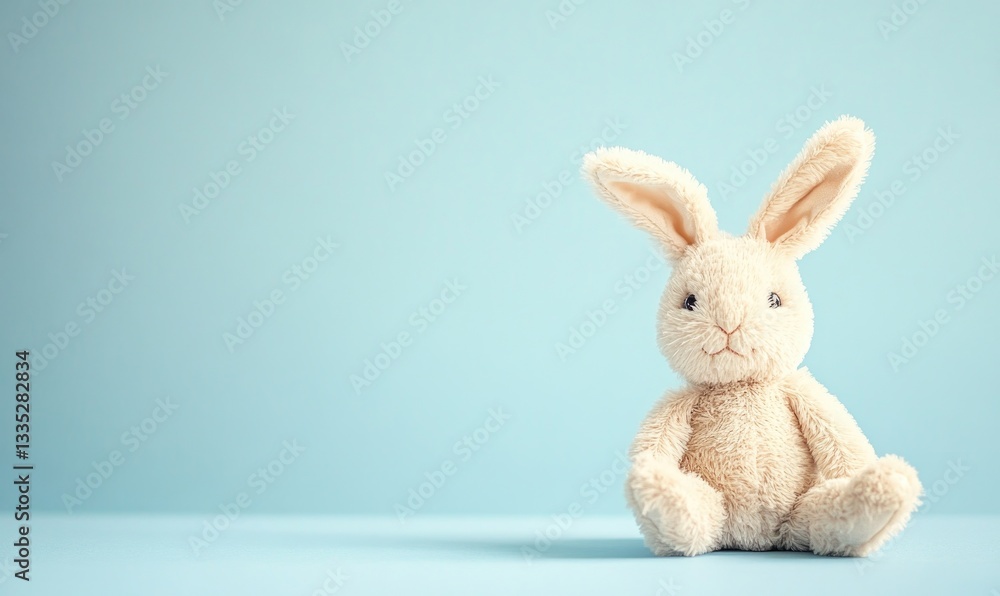 Fototapeta premium A white stuffed rabbit is sitting on a blue background