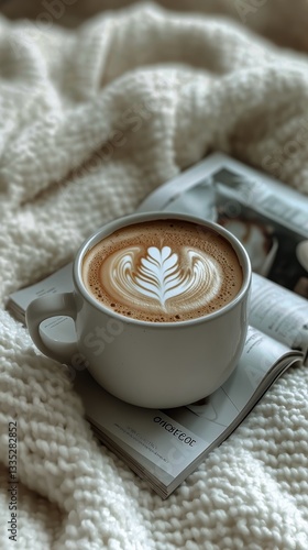 Warm Coffee Cup With Intricate Latte Art on Cozy Blanket and Magazine at Home