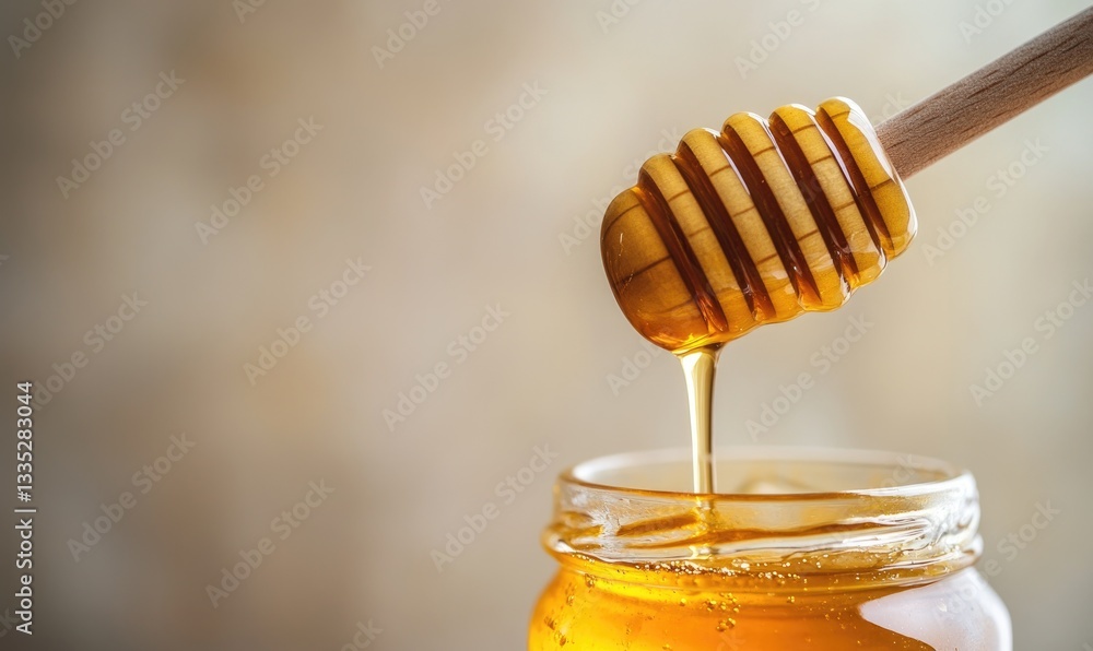A jar of honey with a wooden spoon in it A jar of honey with a wooden spoon in it
