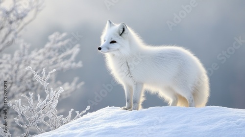 A majestic white fox standing on a snowy hill, gazing into the distance with its thick fur glowing in soft winter light.