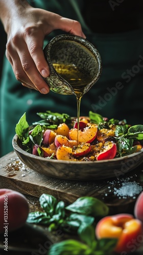 Fresh Salad Preparation With Olive Oil Pouring in a Cozy Kitchen Setting