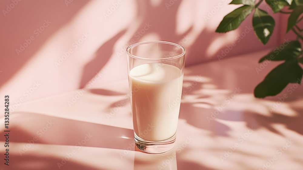 A minimalist composition featuring a glass of milk on a reflective surface, with a subtle shadow cast behind it. A minimalist composition featuring a glass of milk on a reflective surface, with a subtle shadow cast behind it.