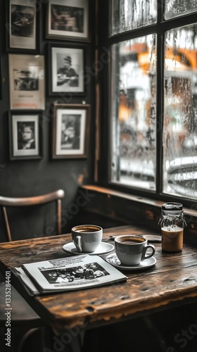 Cozy Cafe Corner With Coffee and a Newspaper in a Rustic Setting During the M...