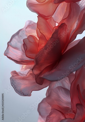 Softly Curled Rose Petals in Vibrant Shades of Pink and Red Against a Muted B...