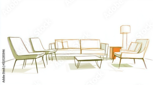 A white background with light olive-green lines sketching a sofa, a set of chairs, and a modern coffee table, all arranged in a contemporary layout