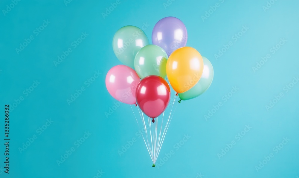A bunch of balloons are floating in the air above a blue background
