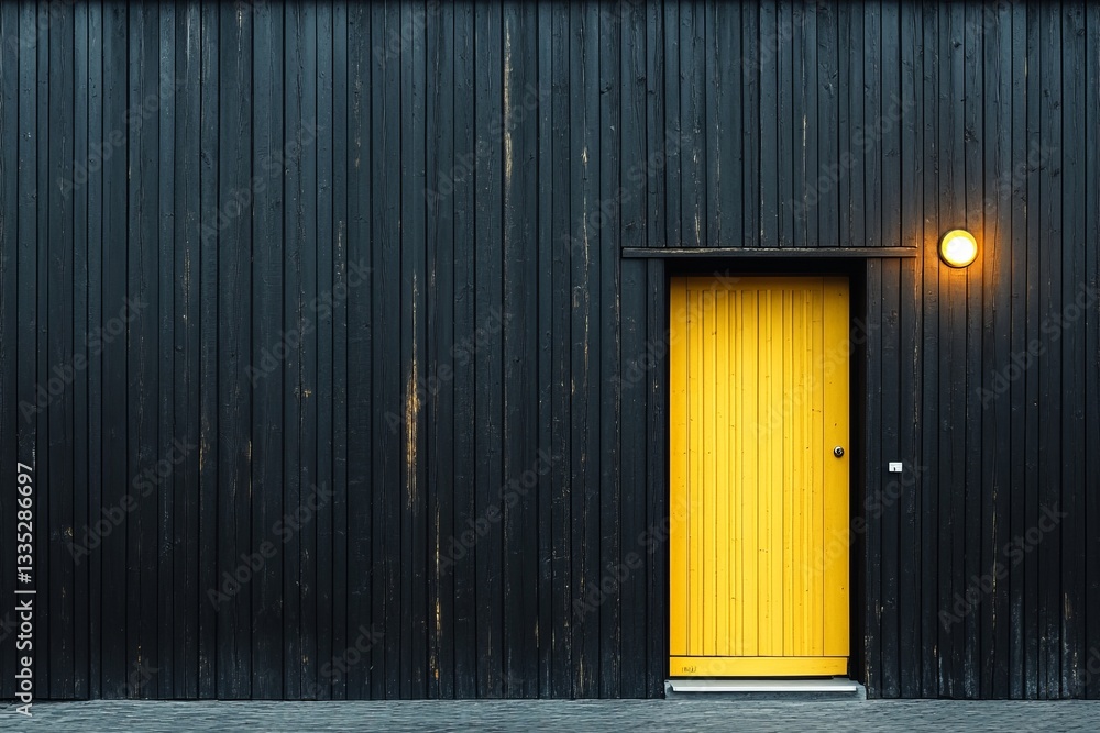 Fototapeta premium Dark wood exterior with vibrant yellow door