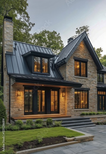 Beautiful Modern Stone House With Large Windows and Landscaped Yard at Dusk i...