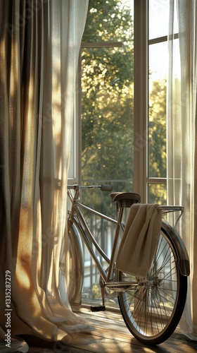 Sunlight Streaming Through a Window Onto a Vintage Bicycle by a Garden in a C...