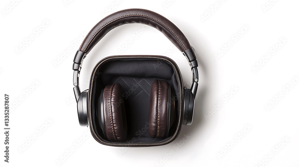 Naklejka premium A pair of brown leather headphones resting in a sleek storage case.