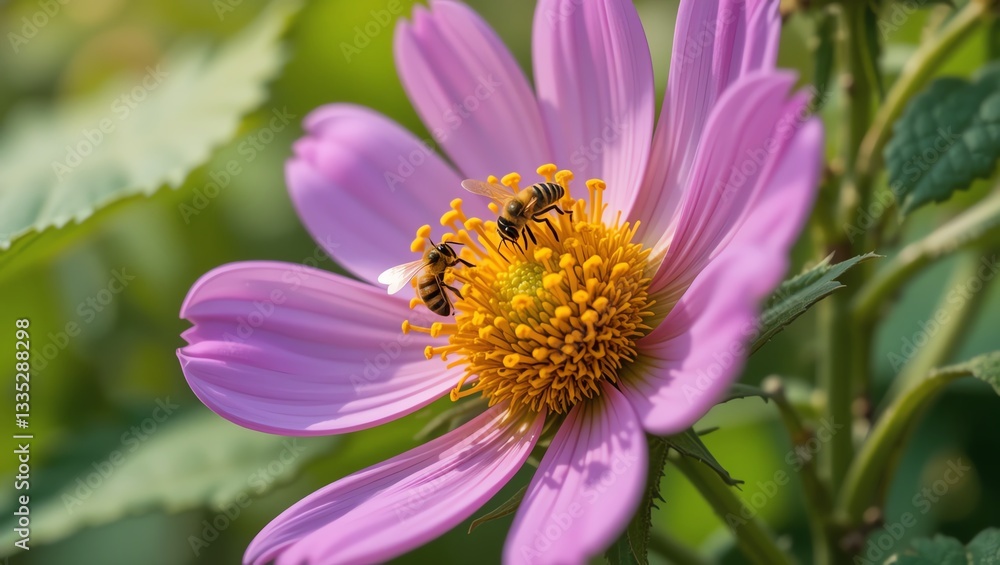 A close-up of a pink flower with bees pollinating, showcasing the beauty of nature and the essential role of pollinators. A close-up of a pink flower with bees pollinating, showcasing the beauty of nature and the essential role of pollinators.