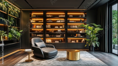 Elegant Modern Living Room With Stylish Armchair and Bookshelf in a Refined U...