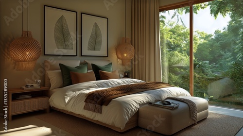 Cozy Modern Bedroom With Natural Light and Greenery in the Background