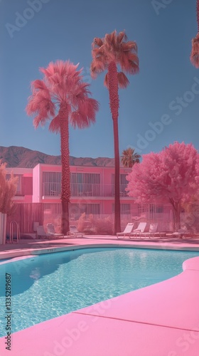 Vibrant Pink Poolside Retreat With Palm Trees in Sunny Location