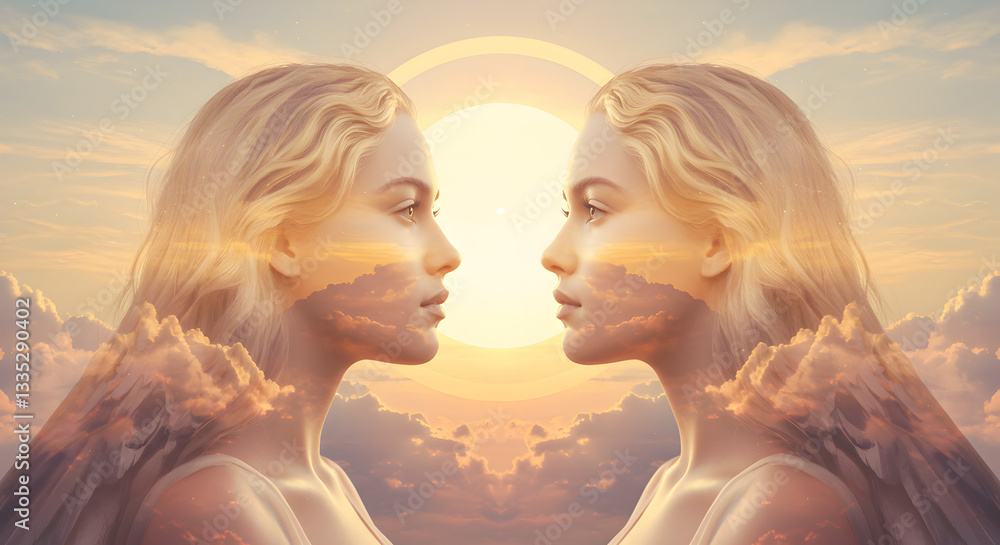 Angelic Double Exposure Portrait with Celestial Light and Clouds Angelic Double Exposure Portrait with Celestial Light and Clouds