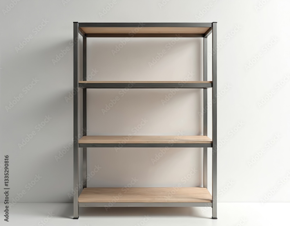 Fototapeta premium Minimalist sleek shelving unit featuring four light wooden shelves, great for storage, organization. Metal rack modern industrial design, ideal for interior decor, home improvement projects. Empty