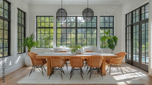Elegant Dining Area With Natural Light and Greenery in a Modern Home