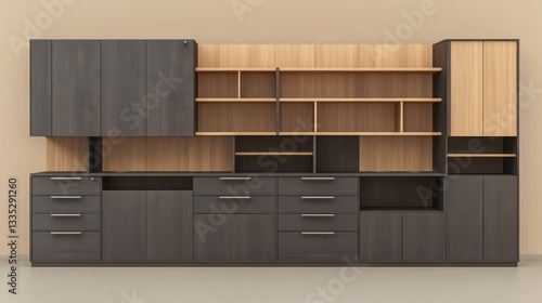 A 3D rendering of a modern office wall unit with a combination of dark gray and light maple wood