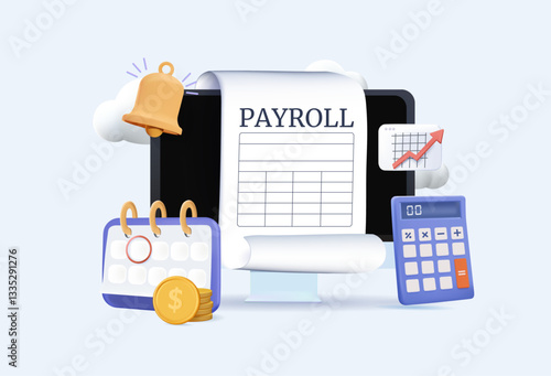 Salary payroll system 3D illustration. Office accounting administrative or calendar pay date, employee wages concept, businessman standing with online payroll computer. Online income calculate