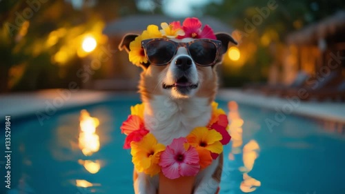 happy dog ​​dancing by the pool on vacation, hawaiian party.