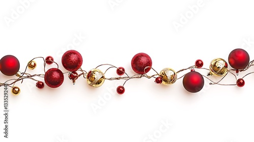 A festive arrangement of red and gold Christmas ornaments and bells on a white background.
