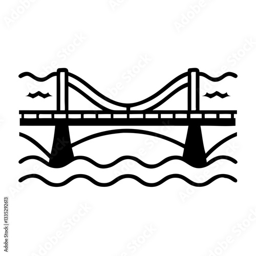 Suspension bridge icon over a river in black and white